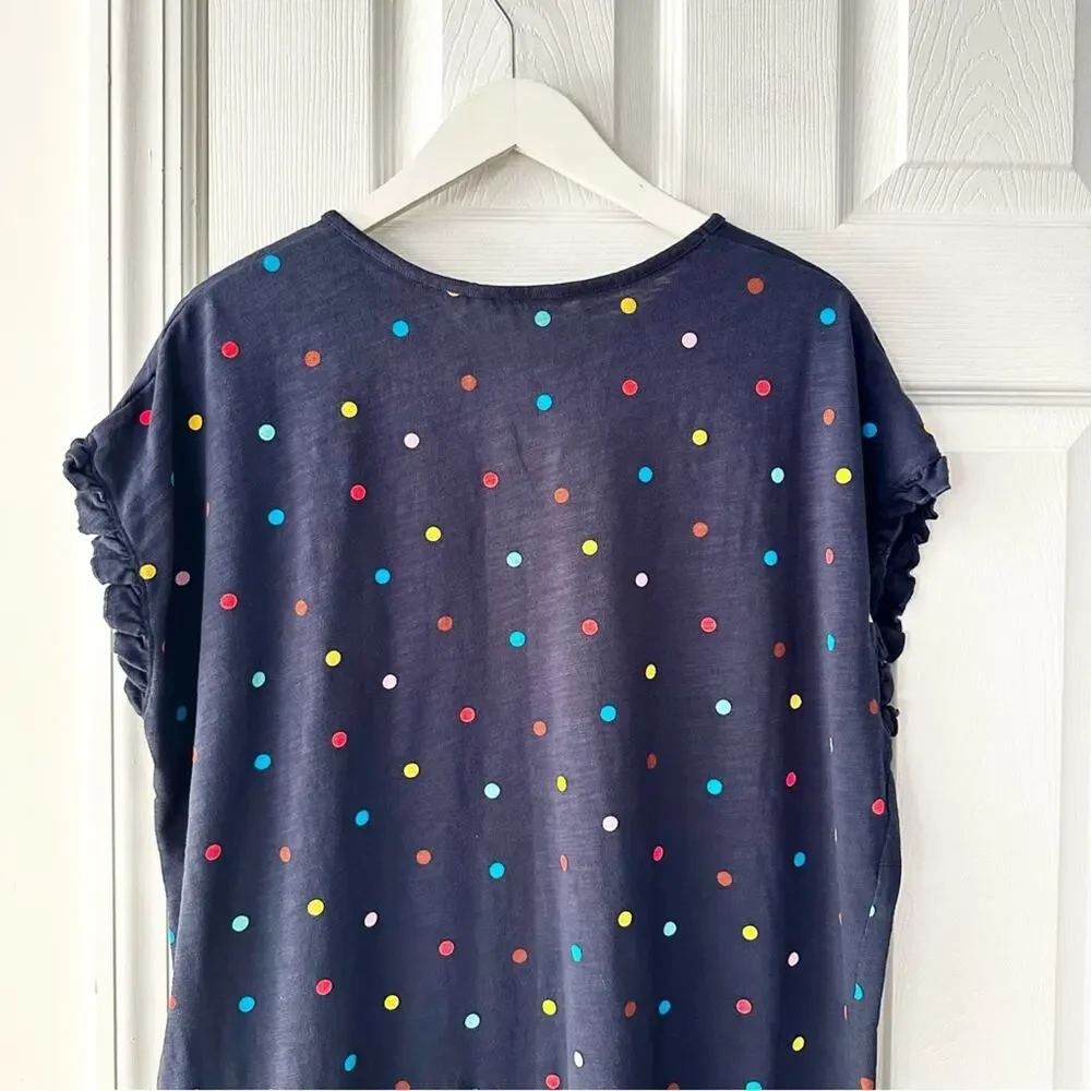 Boden Faye Navy Blue Ruffle Trim Multi Colored Polka Dot T Shirt Dress 12R J0900 - Picture 6 of 13